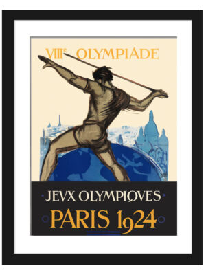 Vintage 1924 Paris Olympics poster featuring a javelin thrower with Paris skyline