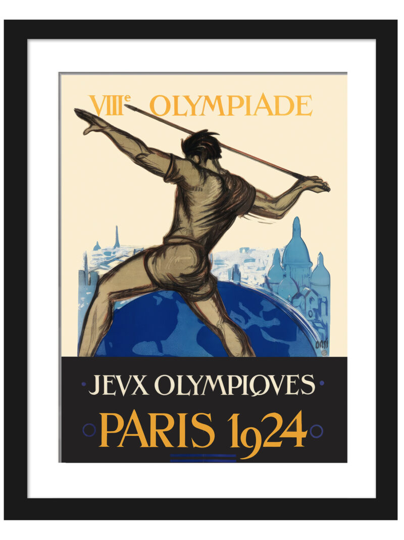 Vintage 1924 Paris Olympics poster featuring a javelin thrower with Paris skyline