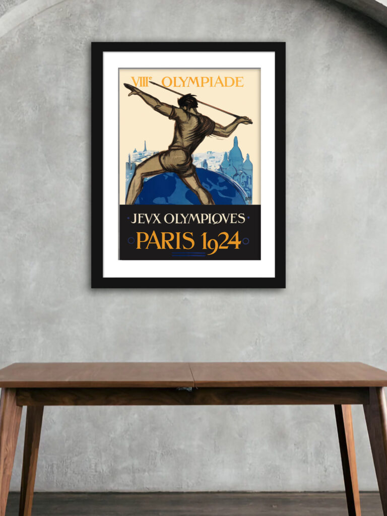 Vintage 1924 Paris Olympics poster featuring a javelin thrower with Paris skyline