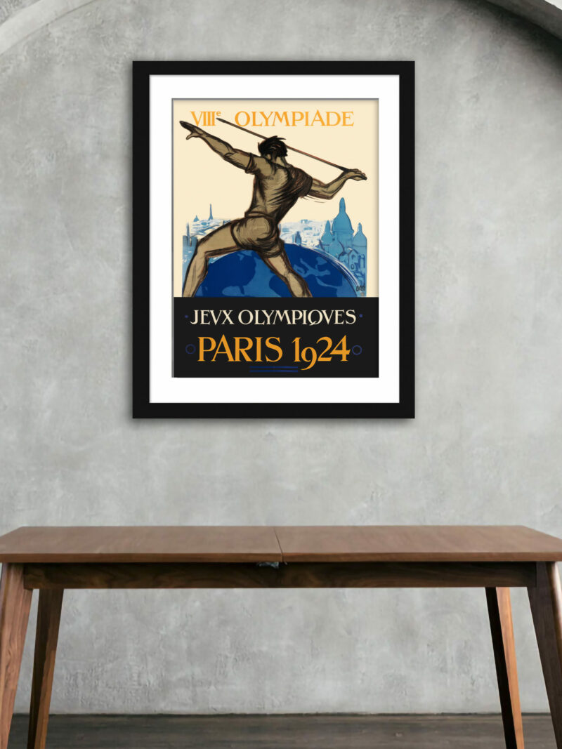 Vintage 1924 Paris Olympics poster featuring a javelin thrower with Paris skyline