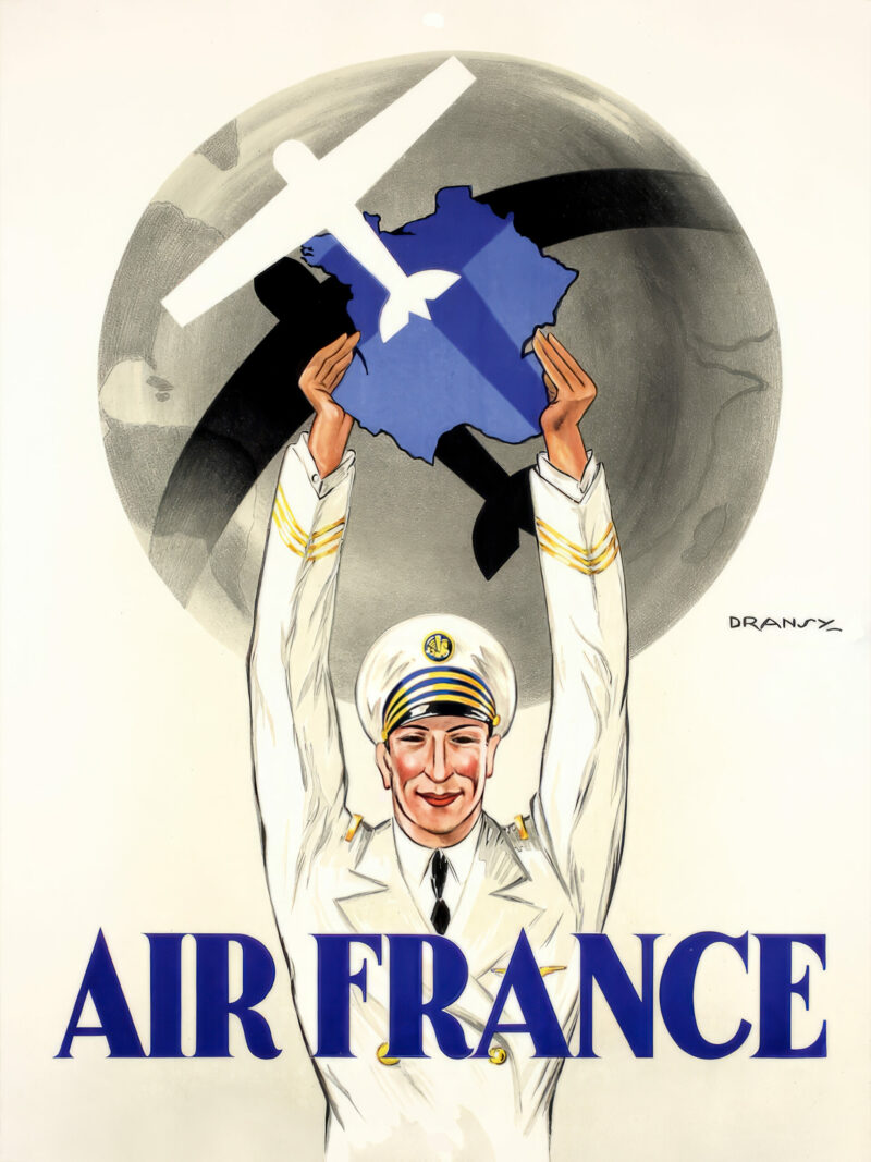 1933 vintage Air France poster featuring a pilot and stylized aircraft over France