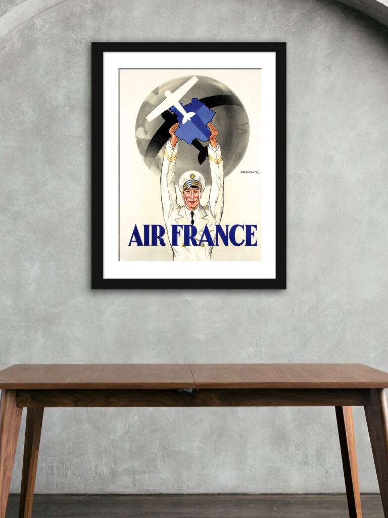 1933 vintage Air France poster featuring a pilot and stylized aircraft over France