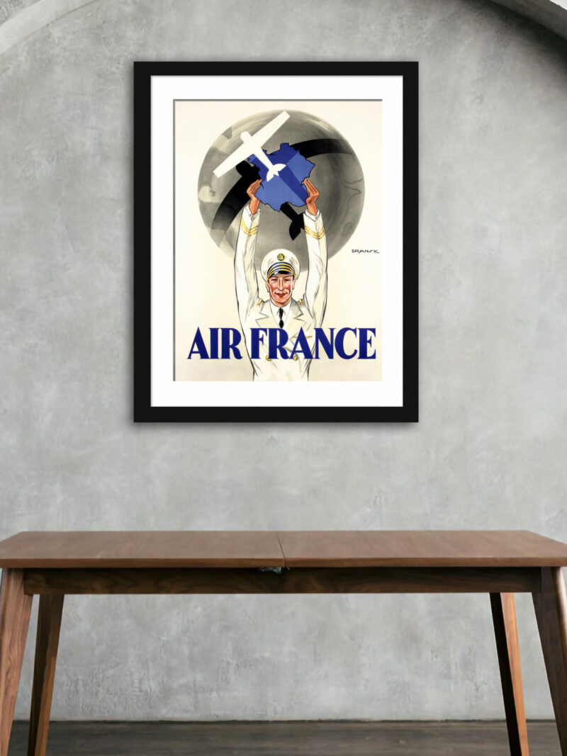 1933 vintage Air France poster featuring a pilot and stylized aircraft over France