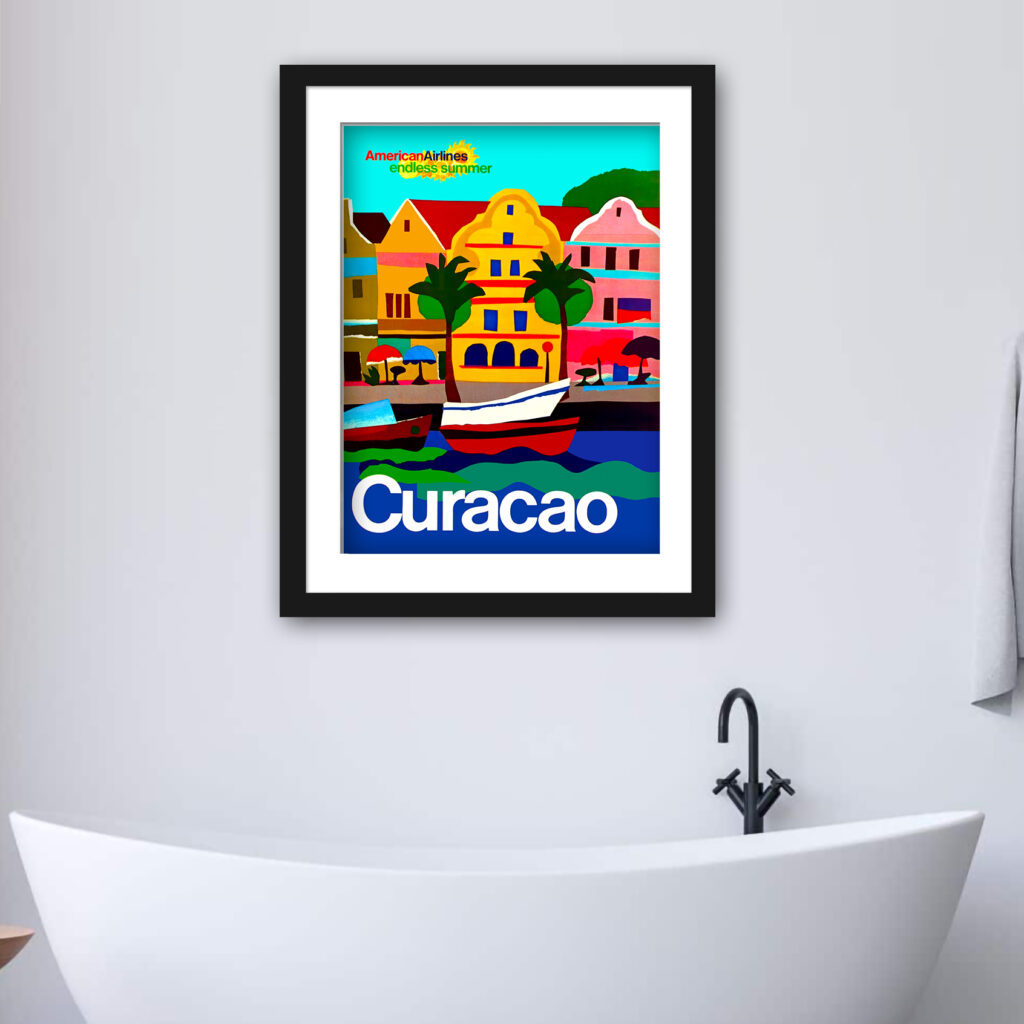 1971 American Airlines Curacao travel poster featuring colorful coastal scenes and tropical motifs