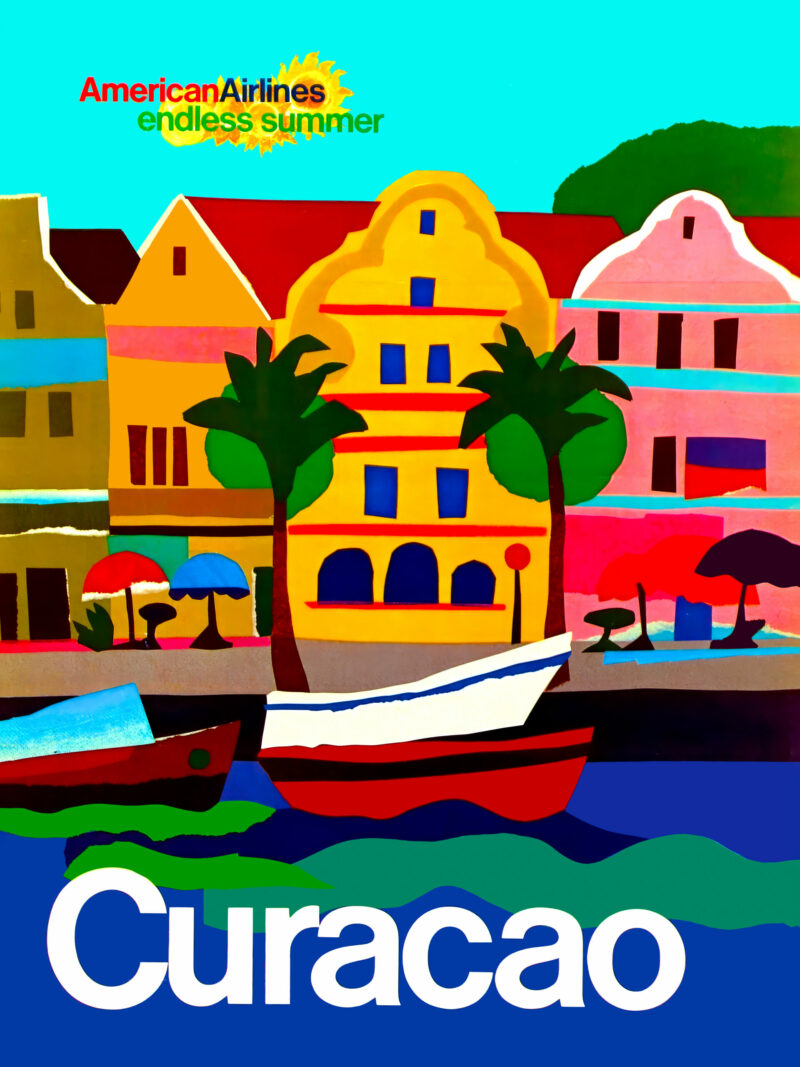 1971 American Airlines Curacao travel poster featuring colorful coastal scenes and tropical motifs