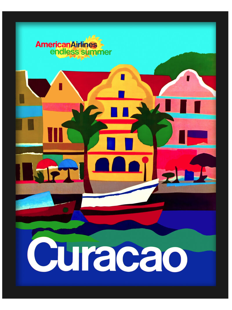 1971 American Airlines Curacao travel poster featuring colorful coastal scenes and tropical motifs