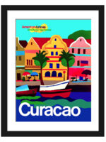 1971 American Airlines Curacao travel poster featuring colorful coastal scenes and tropical motifs