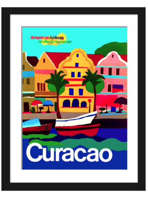 1971 American Airlines Curacao travel poster featuring colorful coastal scenes and tropical motifs