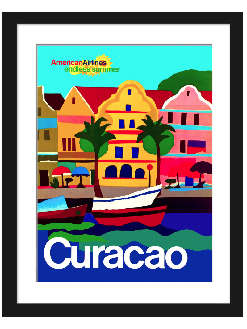 1971 American Airlines Curacao travel poster featuring colorful coastal scenes and tropical motifs