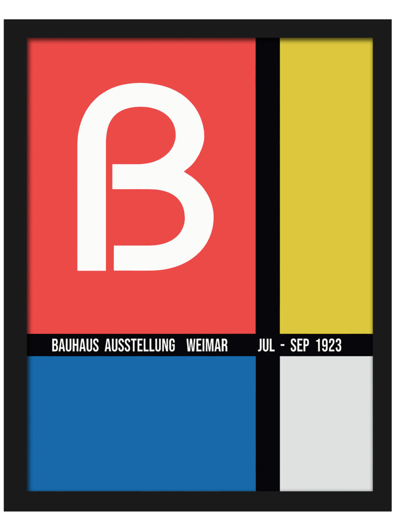 Reproduction of the 1923 Bauhaus exhibition poster featuring bold geometric shapes in red, yellow, blue, and black