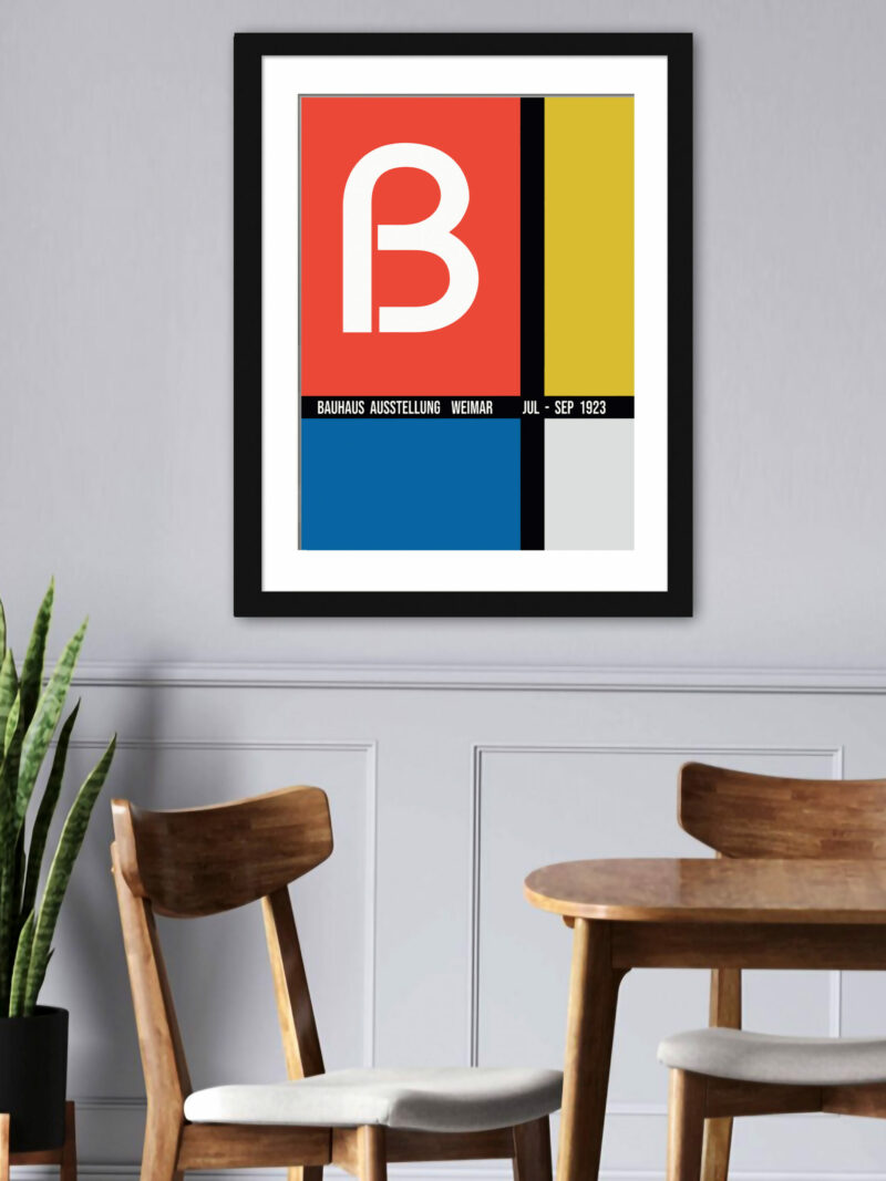 Reproduction of the 1923 Bauhaus exhibition poster featuring bold geometric shapes in red, yellow, blue, and black