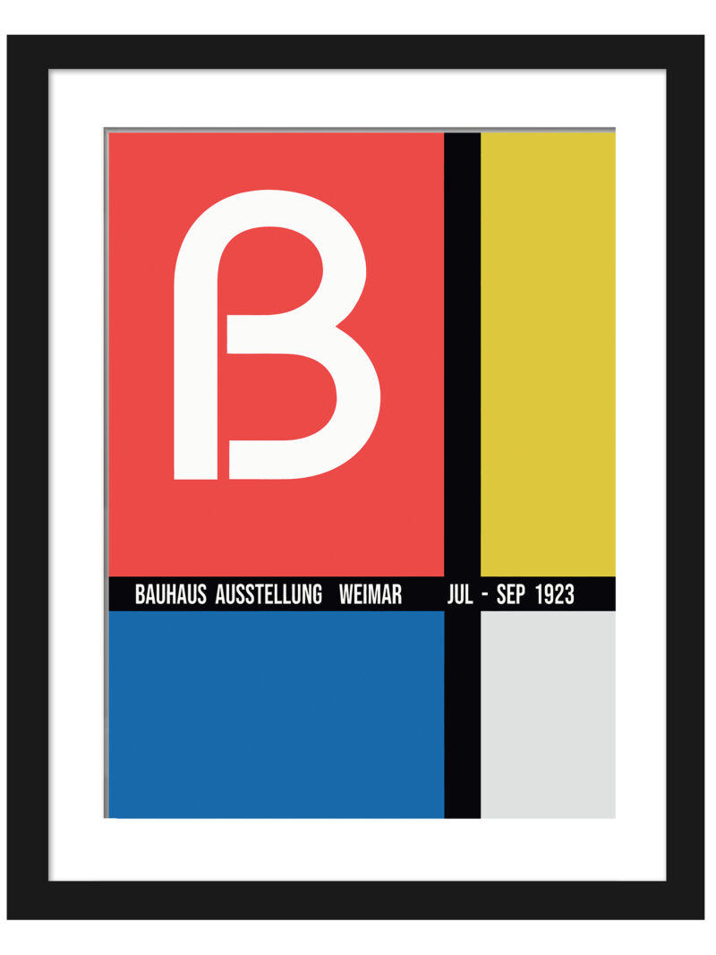 Reproduction of the 1923 Bauhaus exhibition poster featuring bold geometric shapes in red, yellow, blue, and black
