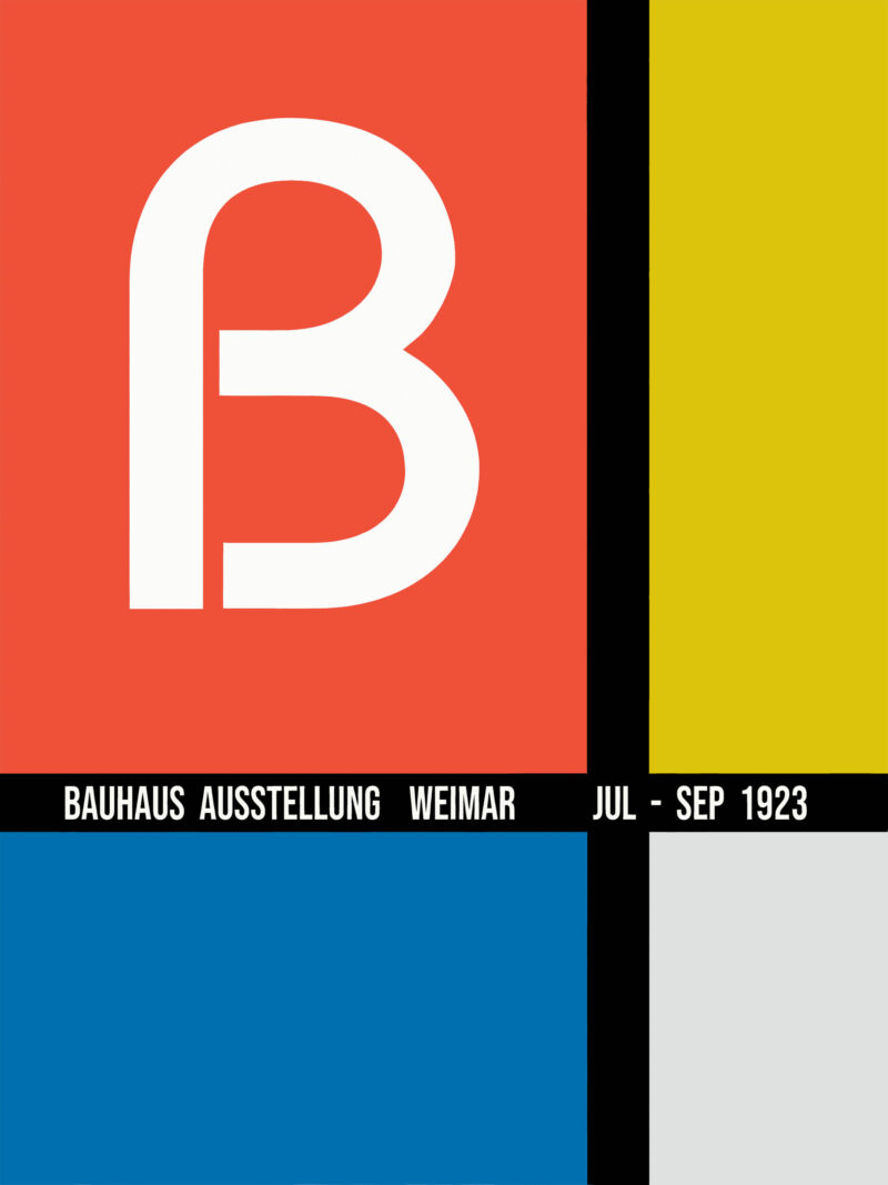 Reproduction of the 1923 Bauhaus exhibition poster featuring bold geometric shapes in red, yellow, blue, and black