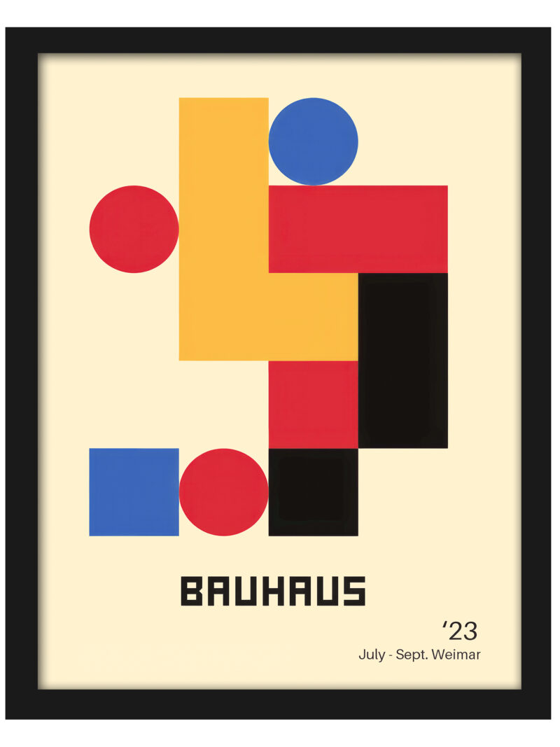 1923 Bauhaus poster with geometric shapes in red, yellow, and blue
