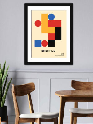 1923 Bauhaus poster with geometric shapes in red, yellow, and blue