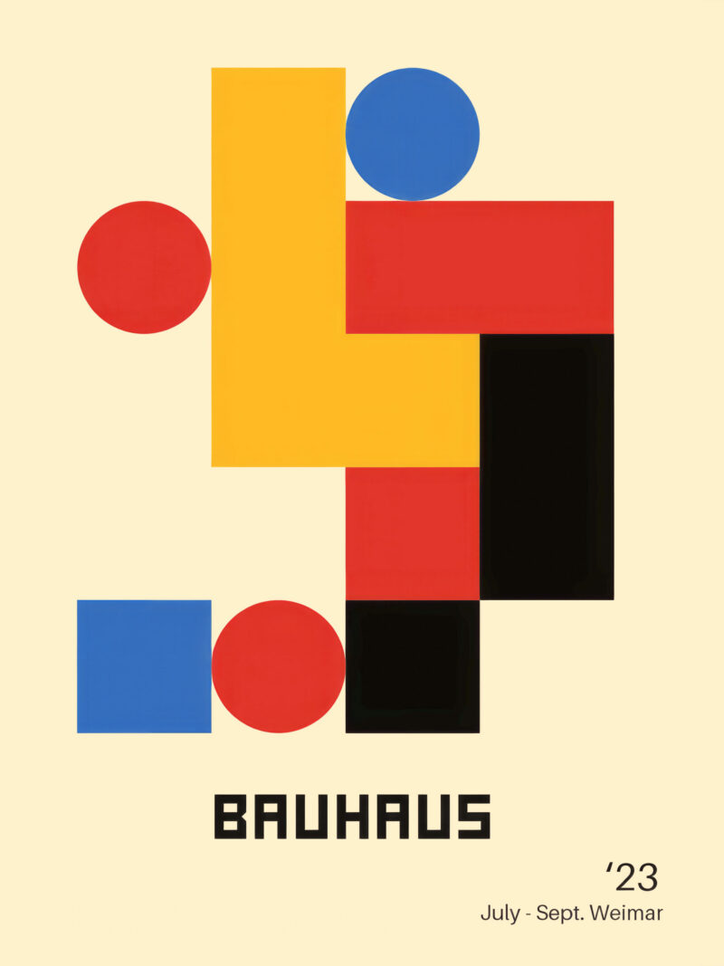 1923 Bauhaus poster with geometric shapes in red, yellow, and blue