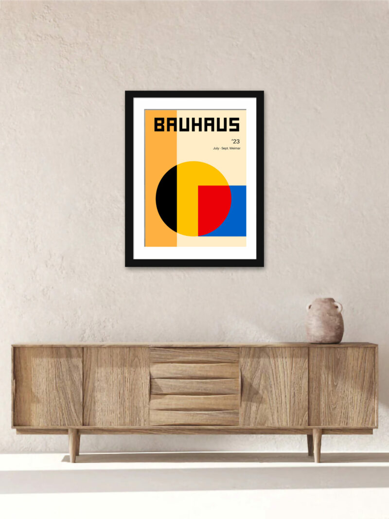 1923 Bauhaus poster with abstract primary color blocks and geometric shapes