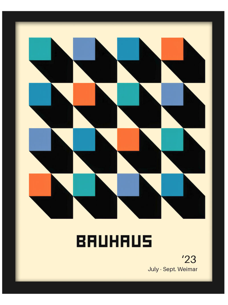 1923 Bauhaus poster with colorful squares and dynamic diagonal black lines