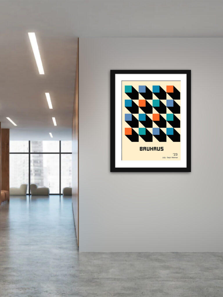 1923 Bauhaus poster with colorful squares and dynamic diagonal black lines