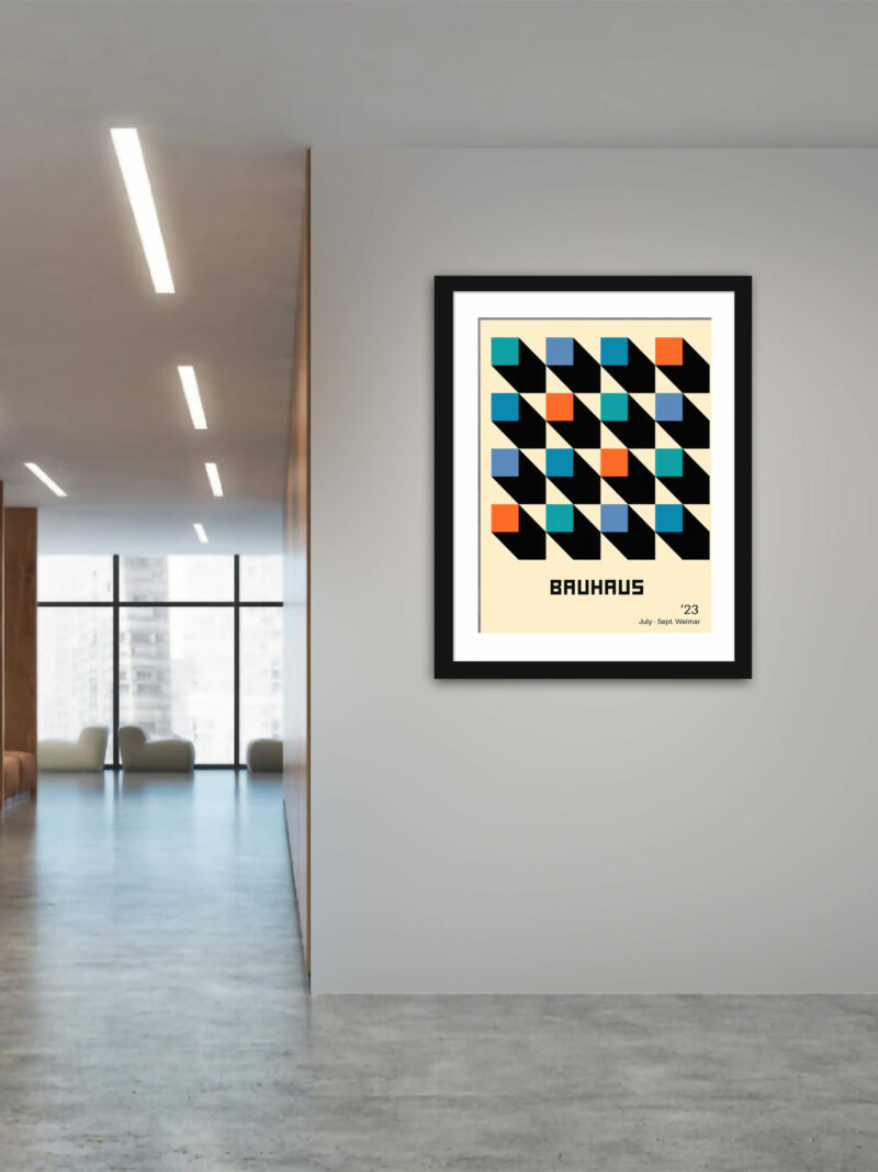 1923 Bauhaus poster with colorful squares and dynamic diagonal black lines