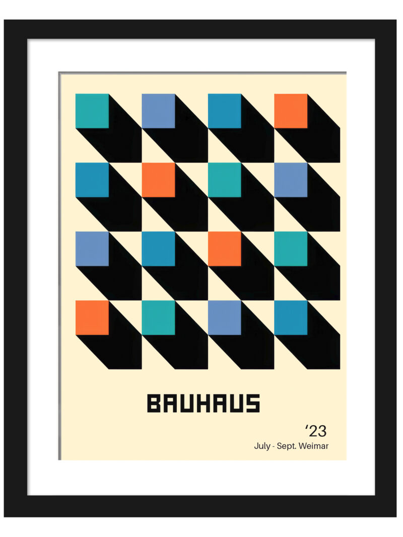 1923 Bauhaus poster with colorful squares and dynamic diagonal black lines