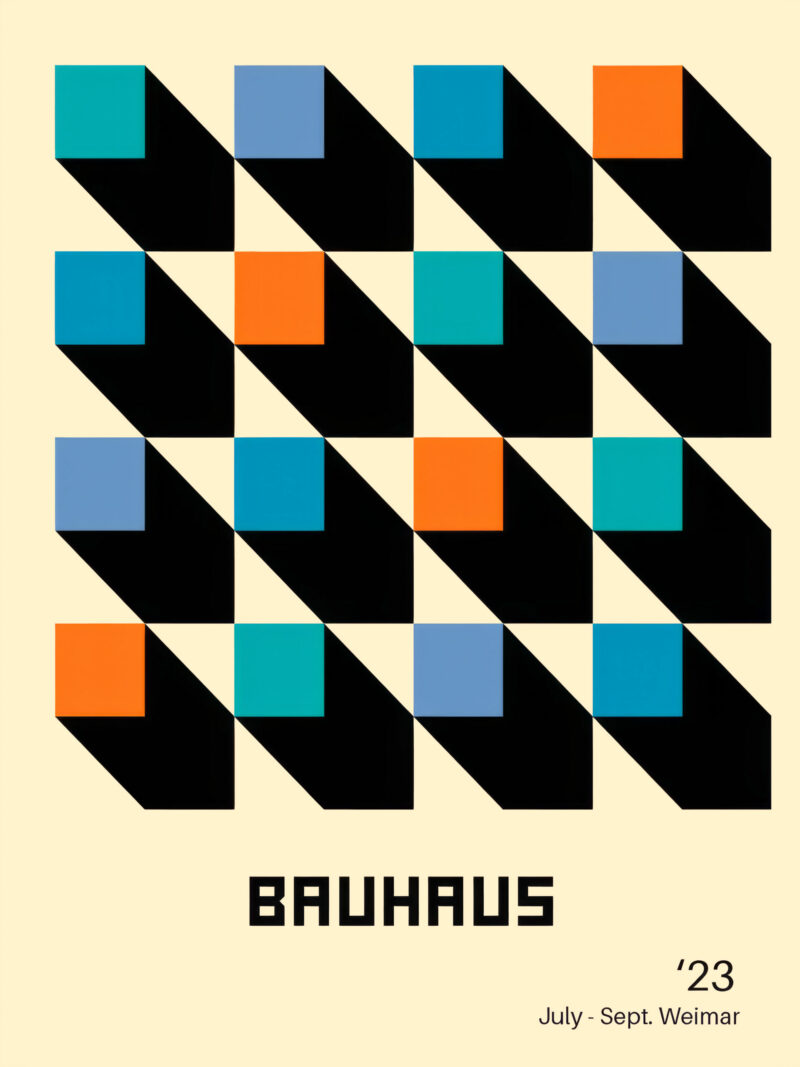 1923 Bauhaus poster with colorful squares and dynamic diagonal black lines