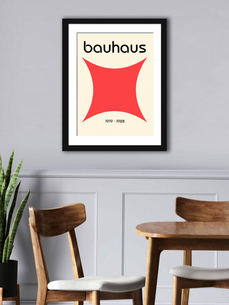 Minimalist 1919-1928 Bauhaus poster featuring a bold red star-like shape
