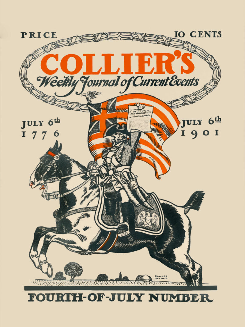 1901 vintage Collier's Weekly Fourth-of-July poster featuring a patriot on a rearing horse