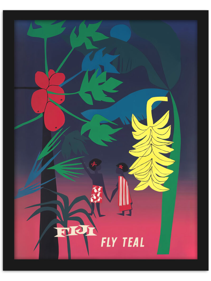 1940 Teal Airlines poster promoting travel to Fiji with tropical and cultural imagery