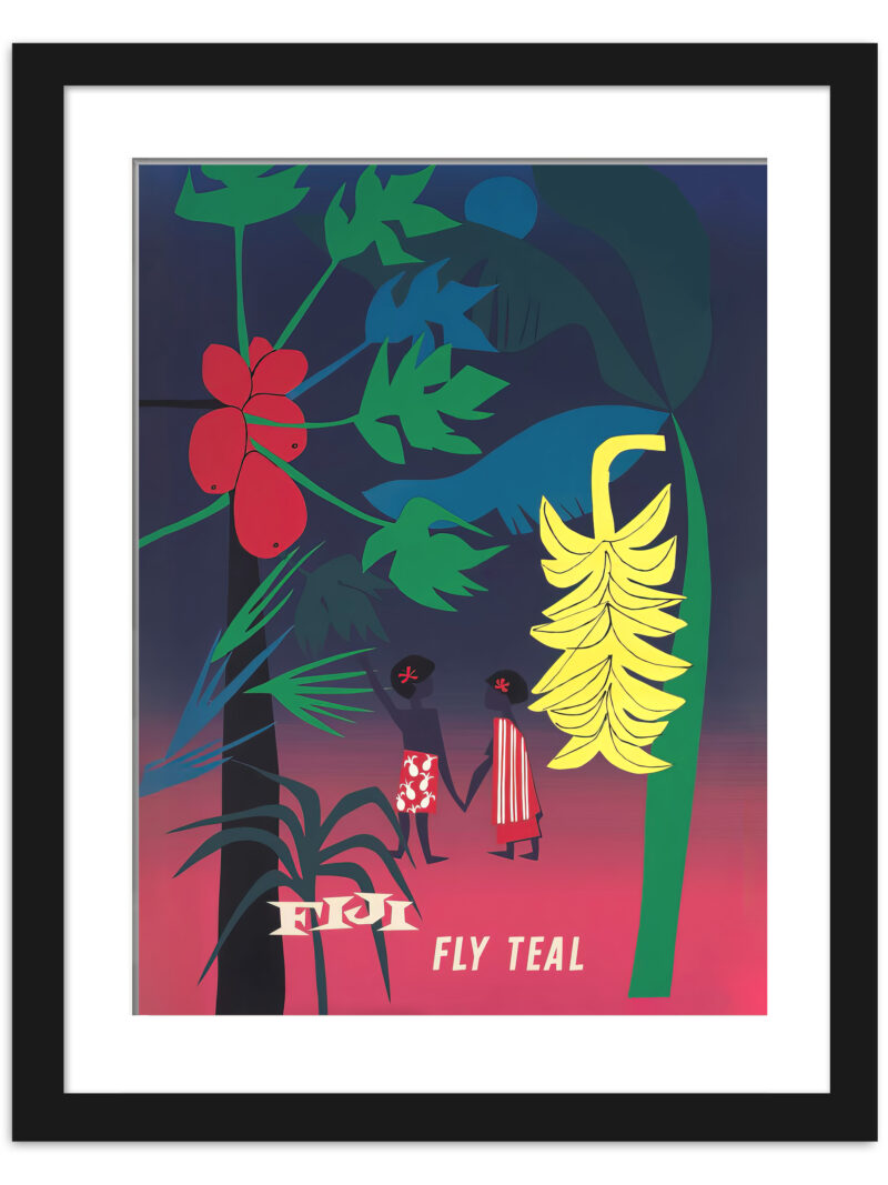 1940 Teal Airlines poster promoting travel to Fiji with tropical and cultural imagery