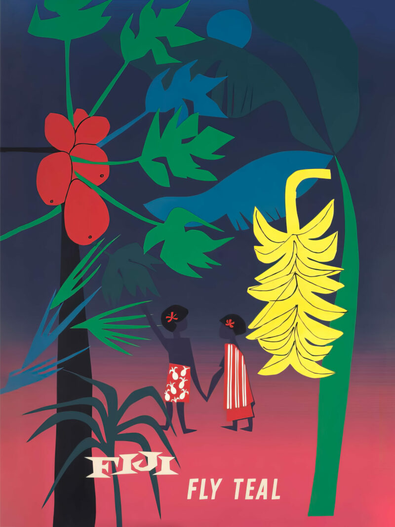 1940 Teal Airlines poster promoting travel to Fiji with tropical and cultural imagery