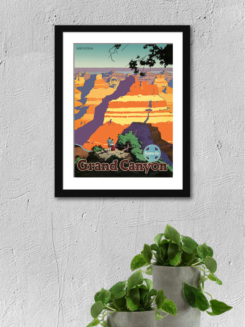 1950 Santa Fe Railway poster of the Grand Canyon with vibrant color illustration