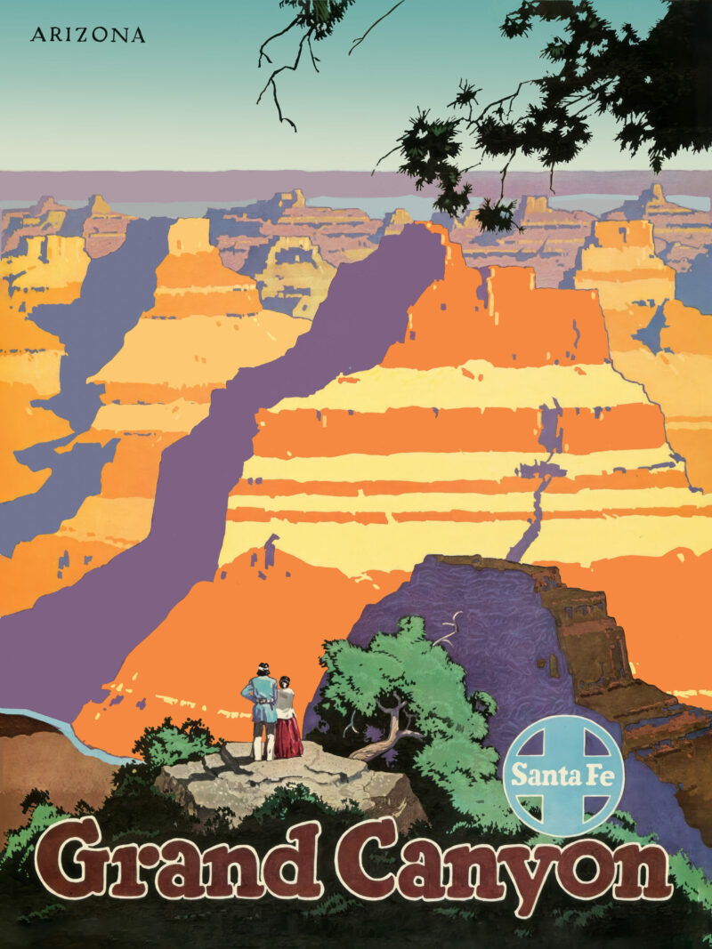 1950 Santa Fe Railway poster of the Grand Canyon with vibrant color illustration