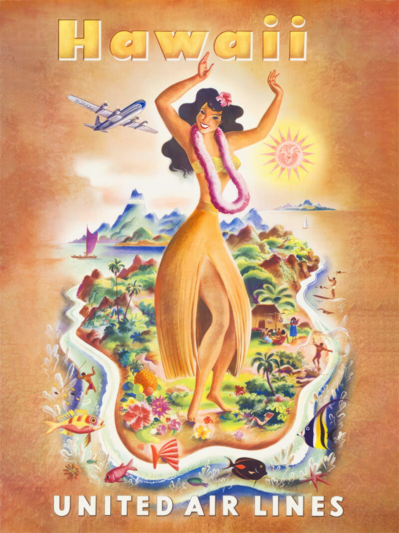 1950s Hawaii United Airlines travel poster featuring a Hawaiian dancer and scenic island views