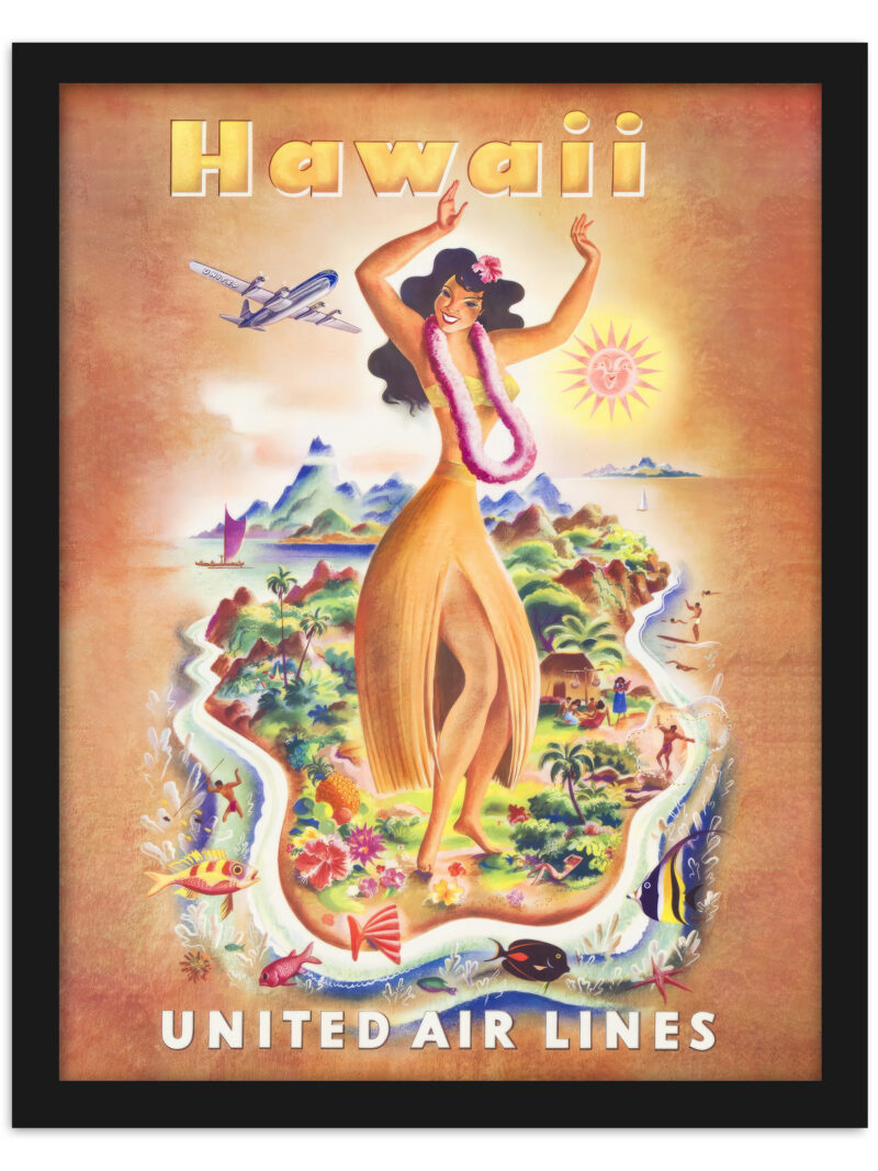 1950s Hawaii United Airlines travel poster featuring a Hawaiian dancer and scenic island views