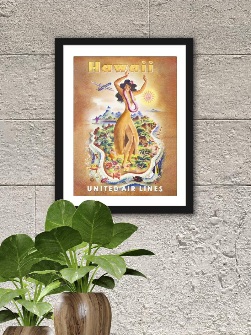 1950s Hawaii United Airlines travel poster featuring a Hawaiian dancer and scenic island views