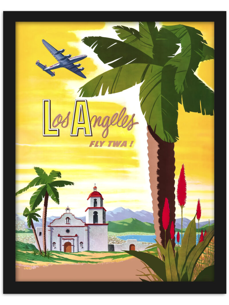 Vintage TWA Los Angeles Travel Poster featuring a scenic view with an airplane