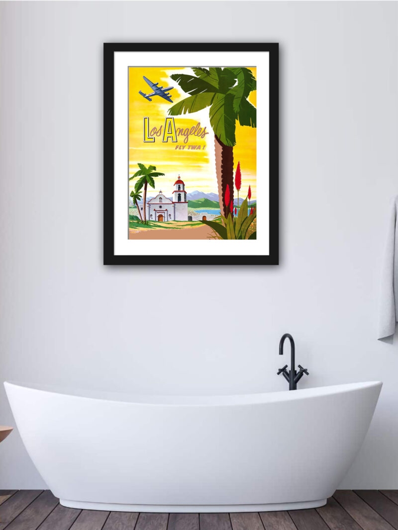 Vintage TWA Los Angeles Travel Poster featuring a scenic view with an airplane