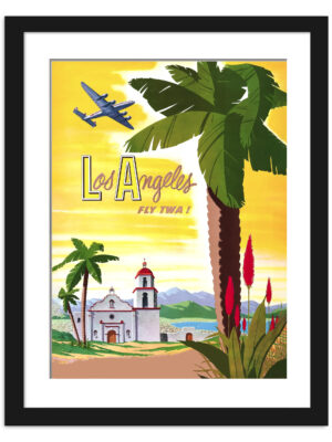 Vintage TWA Los Angeles Travel Poster featuring a scenic view with an airplane
