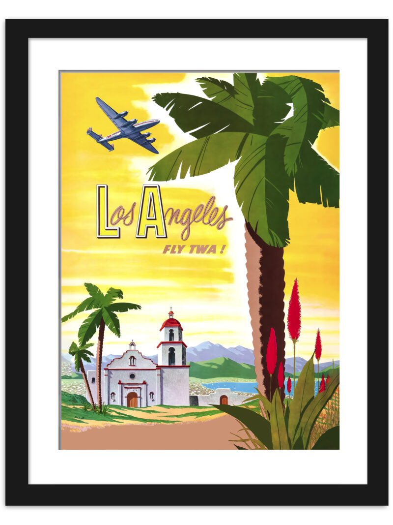 Vintage TWA Los Angeles Travel Poster featuring a scenic view with an airplane