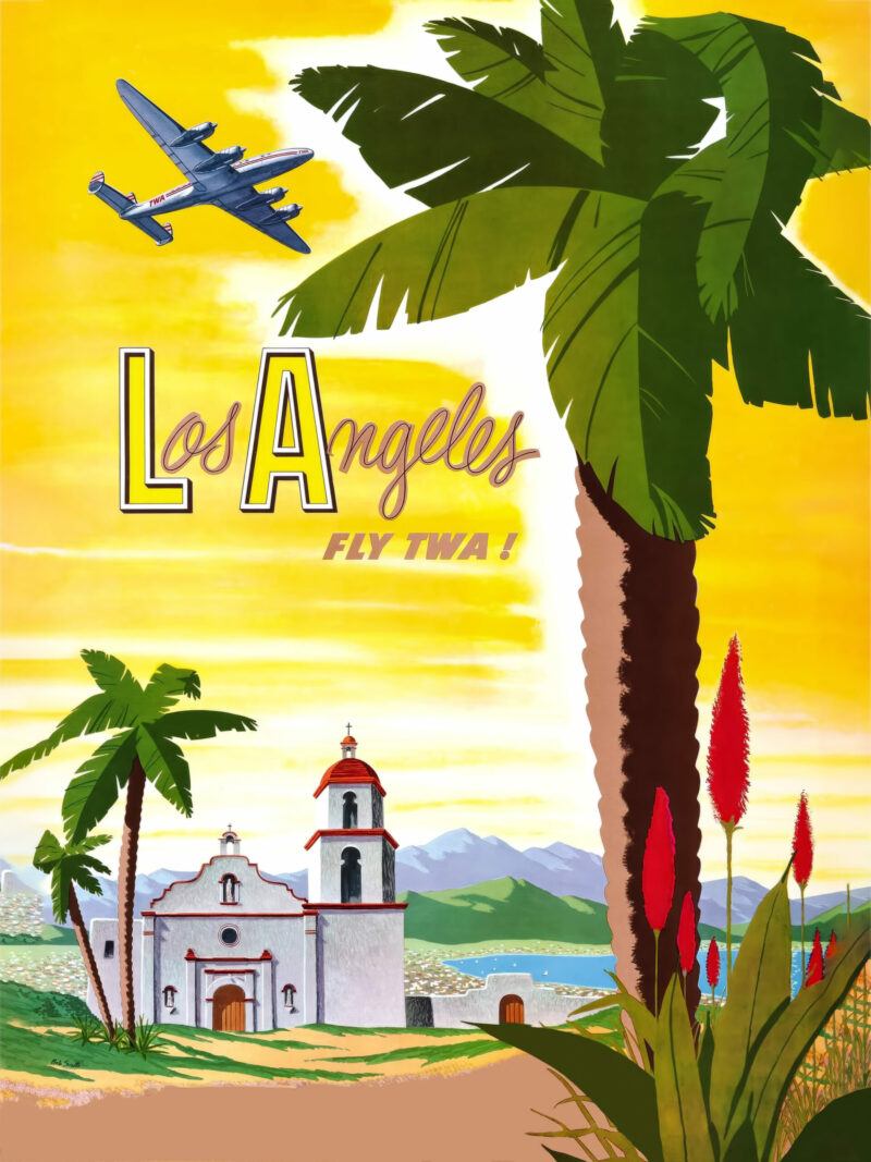 Vintage TWA Los Angeles Travel Poster featuring a scenic view with an airplane