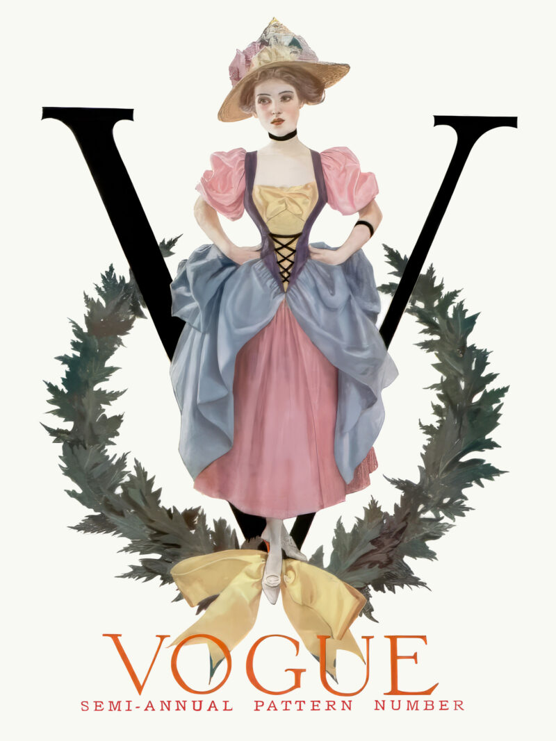 1909 vintage Vogue magazine cover with elegant woman in wreath