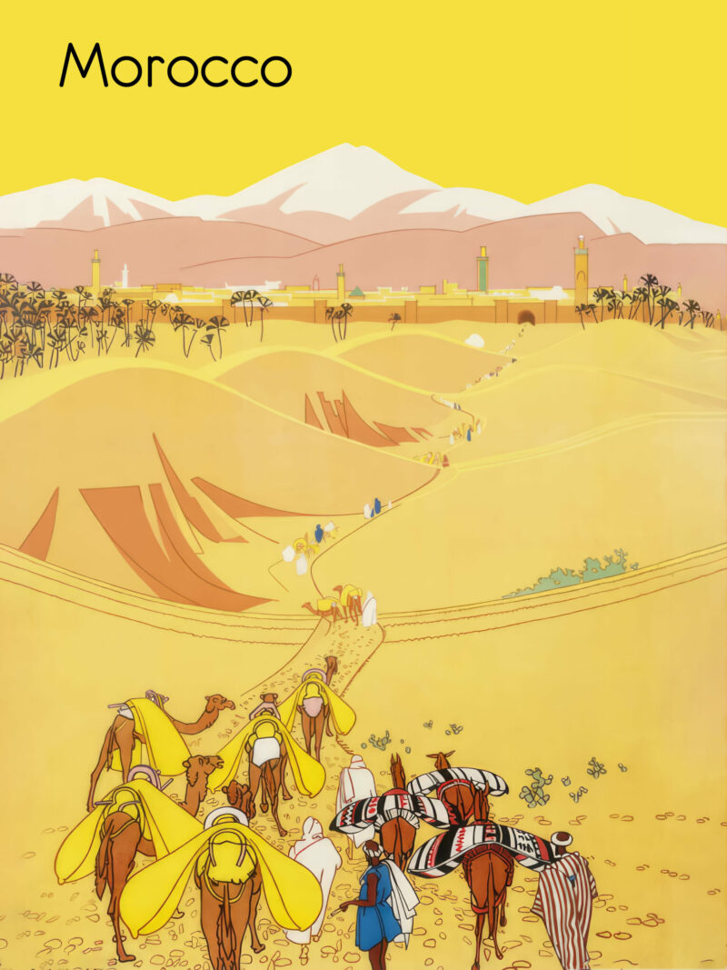 1929 Morocco vintage travel poster with camels in desert