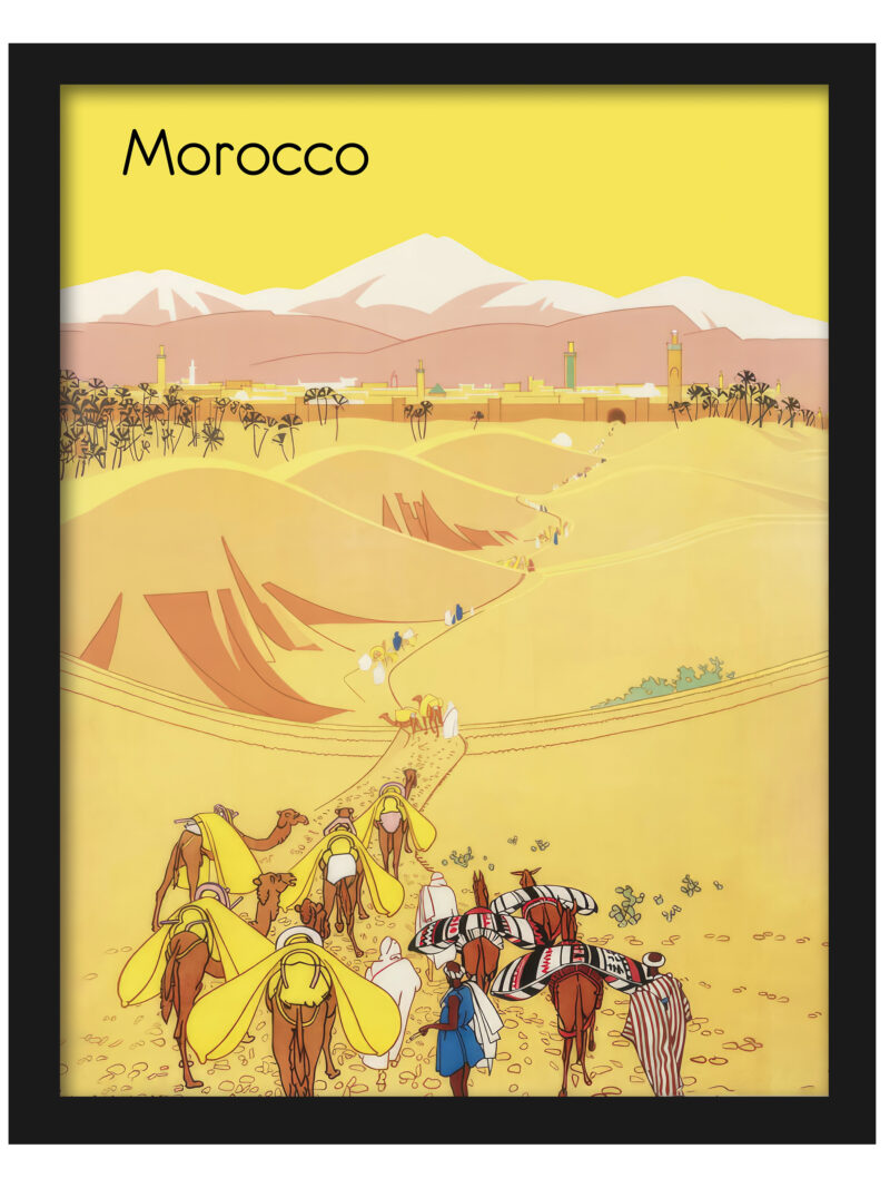 1929 Morocco vintage travel poster with camels in desert