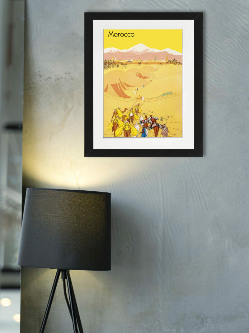 1929 Morocco vintage travel poster with camels in desert