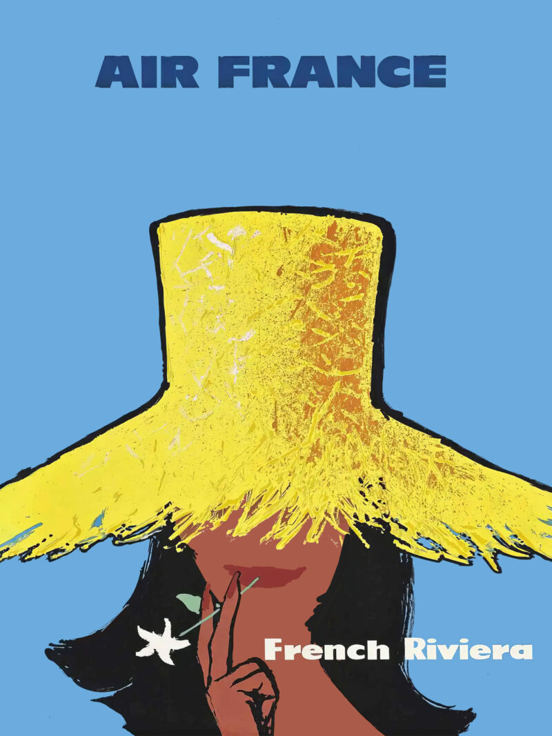 1963 Air France French Riviera poster featuring a stylish woman in a yellow straw hat under a blue sky