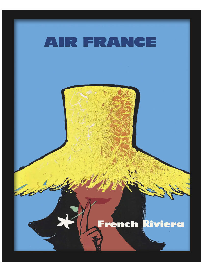 1963 Air France French Riviera poster featuring a stylish woman in a yellow straw hat under a blue sky
