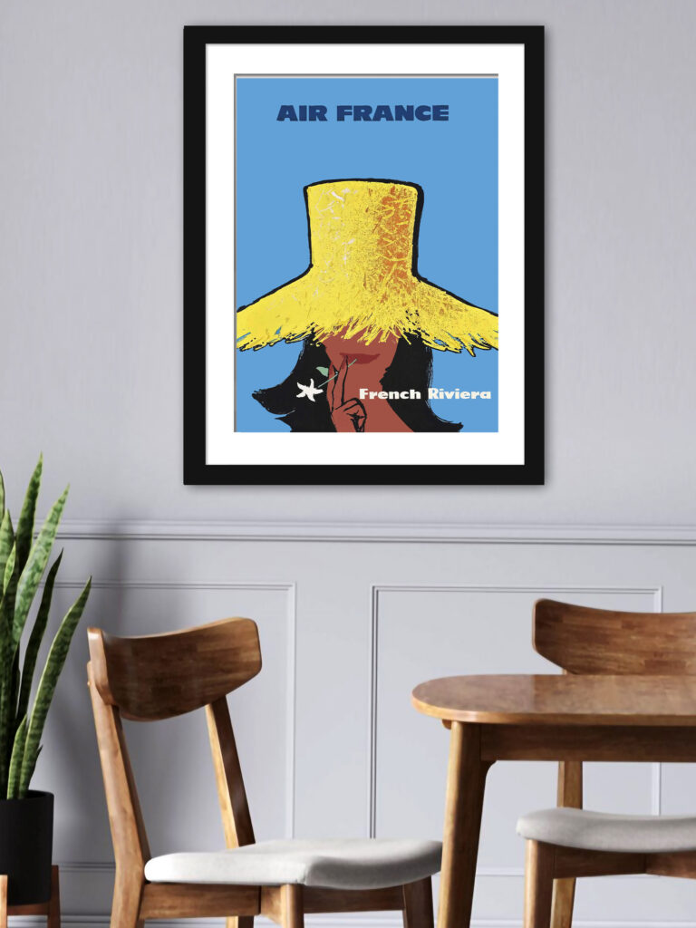 1963 Air France French Riviera poster featuring a stylish woman in a yellow straw hat under a blue sky