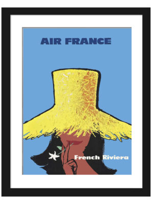 1963 Air France French Riviera poster featuring a stylish woman in a yellow straw hat under a blue sky