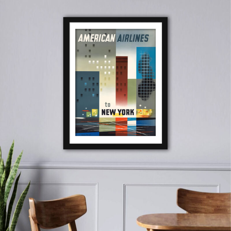 1956 American Airlines New York City poster with abstract modernist depiction of skyscrapers and street scenes